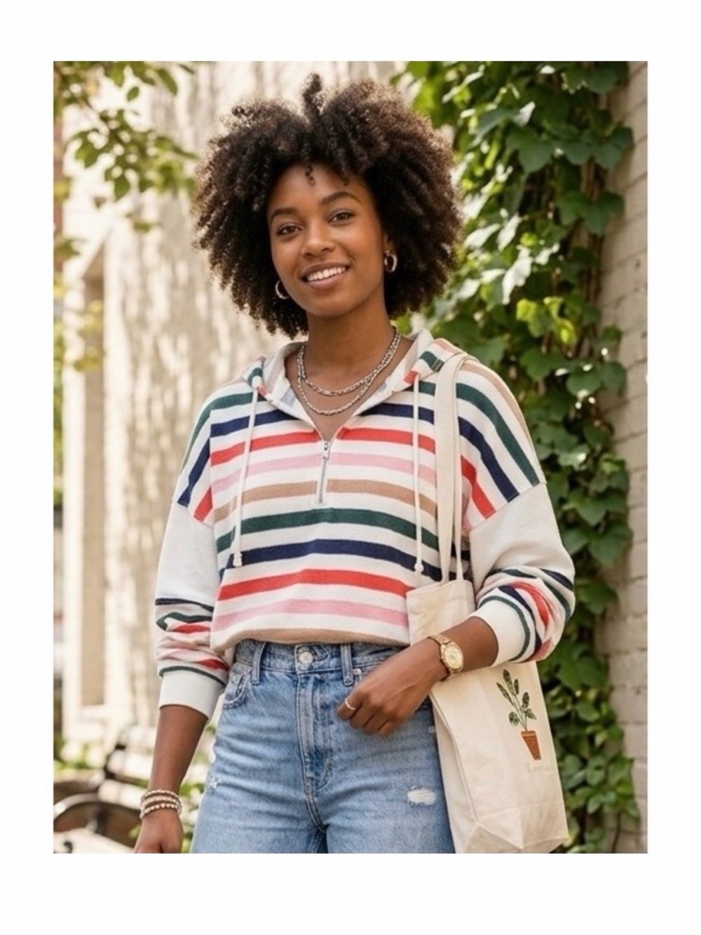 Aerie Striped Quarter Zip Hoodie Waffle Knit Cropped Pullover Multi Color Large